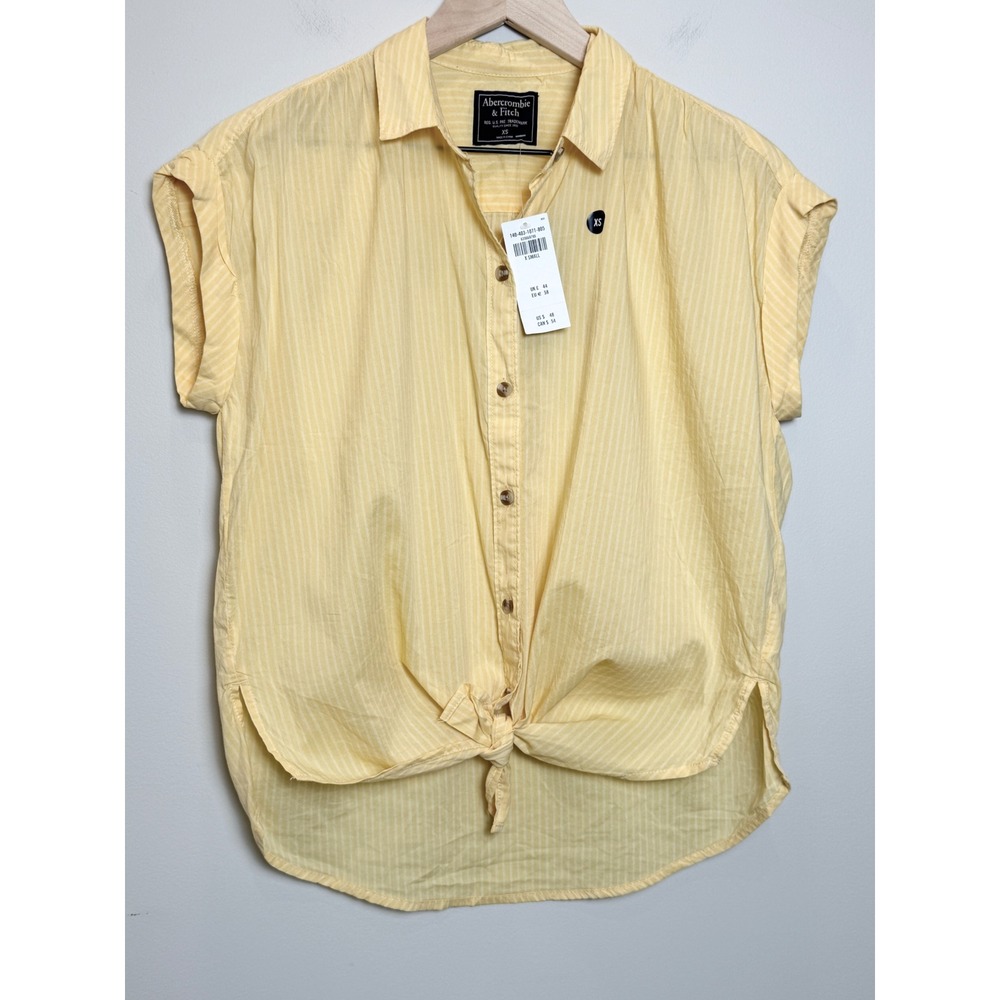 NWT Abercrombie & Fitch XS Button Up Shirt Yellow Striped Short Sleeve Front Tie